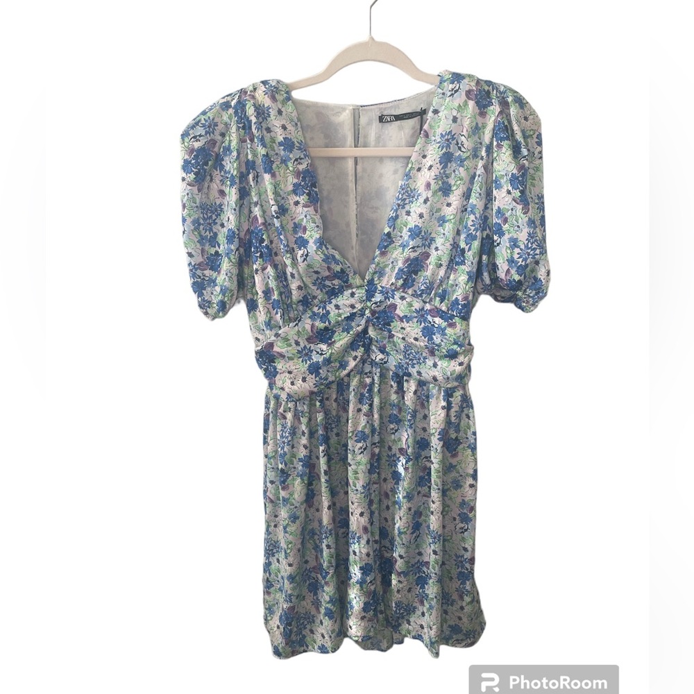ZARA Blue Purple and Green Floral Flowy Short Sleeve Romper Size L